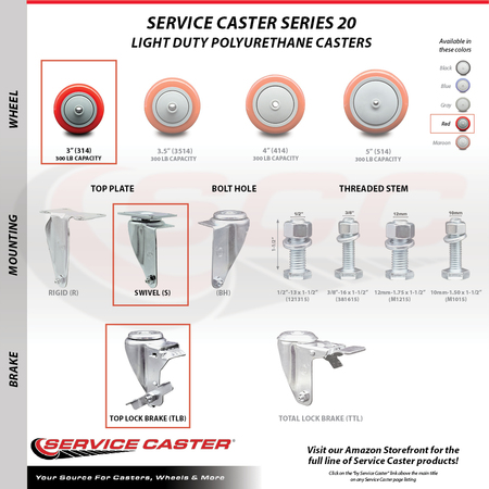 Service Caster 3 Inch Red Polyurethane Wheel Swivel Top Plate Caster Set with 2 Brake 2 Rigid SCC-20S314-PPUB-RED-TLB-TP2-2-R-2